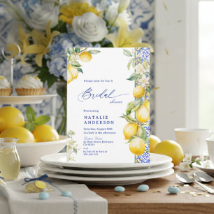 Florales Zitronen-Mittelmeer-Blau-Kachel-Brautabsc Einladung
