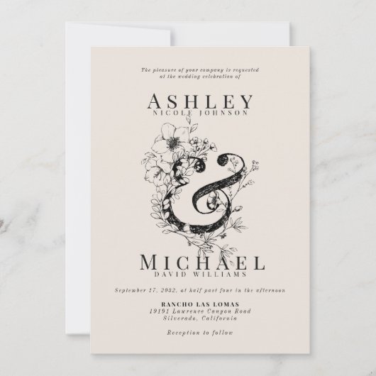 FLORALISCHE AMPERSAND Hand Drawn Blush Wedding Einladung (Vorderseite)