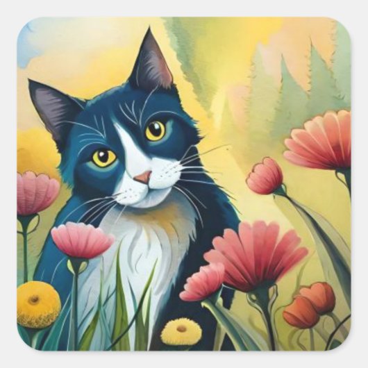 FLoralkatze Quadratischer Aufkleber (Vorderseite)