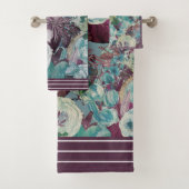 Floralplum, Aquamarin, weich, mit Pflaumenrahmen Badhandtuch Set (Insitu)