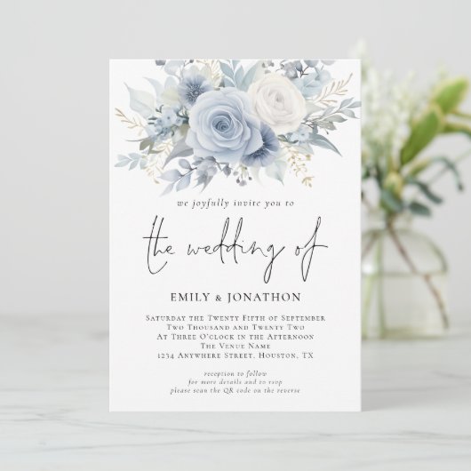 Florals 3 Fotos QR Code Dusty Blue Wedding Einladung (Stehend Vorderseite)