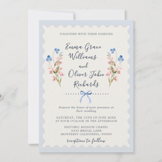 Florals Blue Romantic Garden Wedding Einladung (Vorderseite)