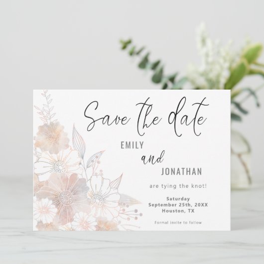 Florals Blush Peach Gray Wedding Save the Date (Stehend Vorderseite)