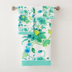 Florals Bright Blues Yellow on White Badhandtuch Set