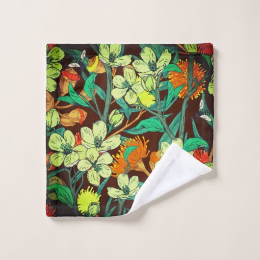 Florals Brown, Rost, Aquamarin Badhandtuch Set (Waschlappen)