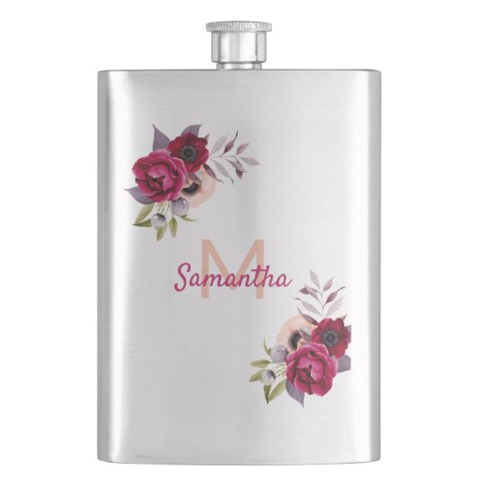 Florals burgundy name monogram flachmann (Vorderseite)