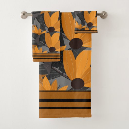 Florals Daisies Orange, Tan Gray Badhandtuch Set (Insitu)