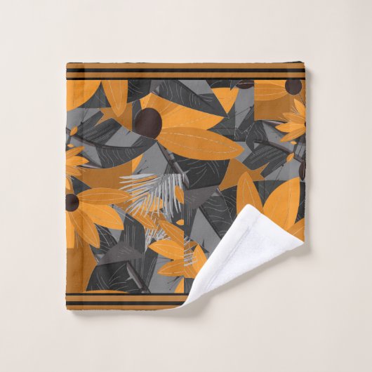 Florals Daisies Orange, Tan Gray Badhandtuch Set (Waschlappen)