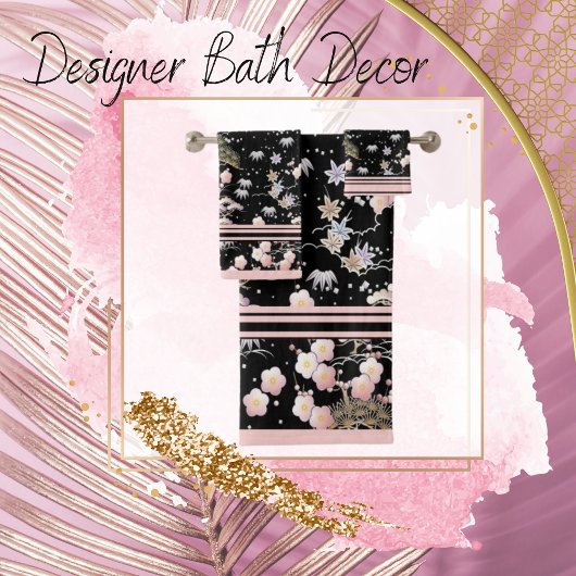 Florals Elegantes Schwarz und Rosa Badhandtuch Set