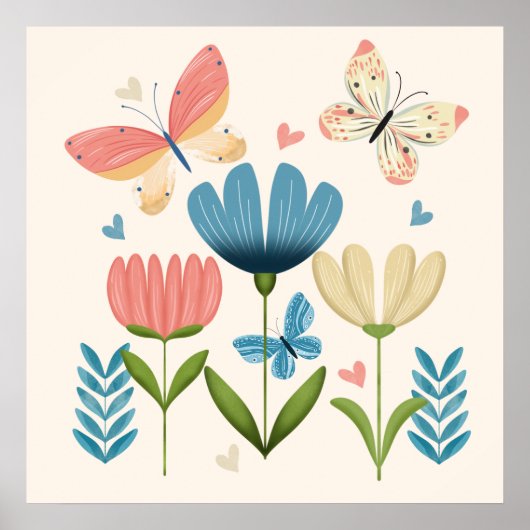 Florals in Blau und Orange Farben Poster (Vorne)
