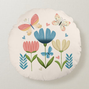 Florals in Blau und Orange Farben Rundes Kissen