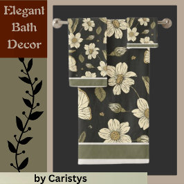 Florals Ivory, Olive mit Schmetterlingen Badhandtuch Set