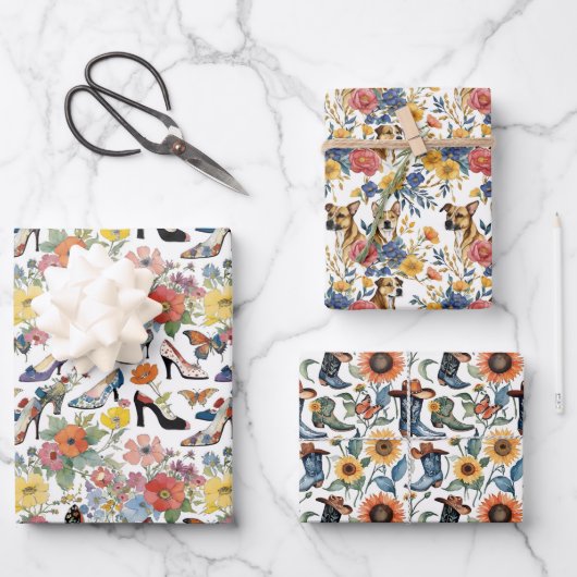 Florals mit Heelsen Stiefel und Hunde Geschenkpapier Set (Vorderseite)