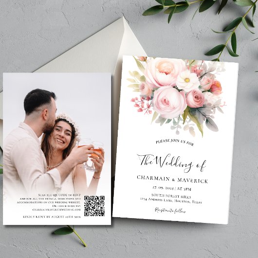 Florals Pink Foto Overlay QR Code Hochzeit Einladung