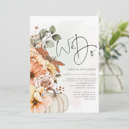 Florals Pumpkin Herbst Wir machen QR-Code Hochzeit Einladung (Stehend Vorderseite)