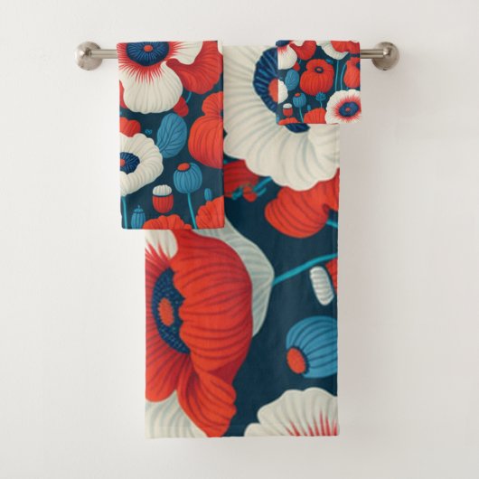 Florals Red, White, Blue Poppies Badhandtuch Set (Insitu)