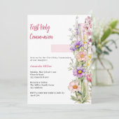 Florals Rosa Cross Girl First Communion Einladung (Stehend Vorderseite)