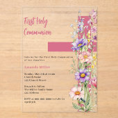 Florals Rosa Cross Girl klare Erste Kommune Acryleinladungen (Vorderseite)