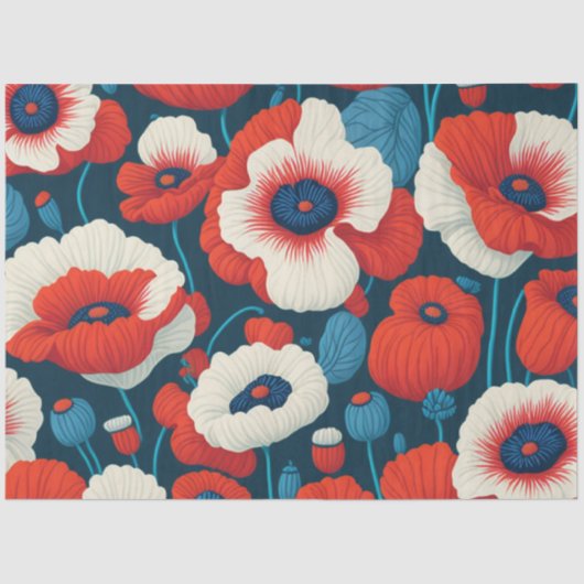 Florals Rot, Weiß, Blauer Pfeffer Dekoupage Seidenpapier (Vorderseite)