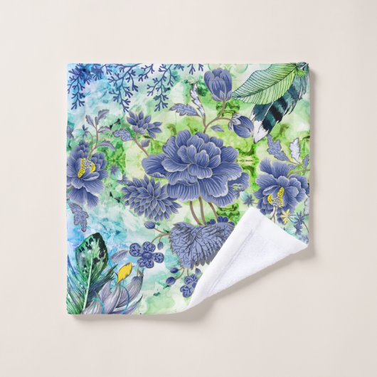 Florals Slate Blue, Green White, Feathers Badhandtuch Set (Waschlappen)