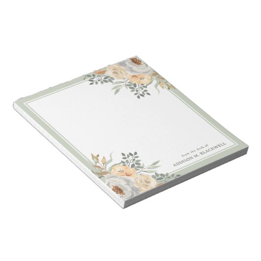 Florals und Sage Green Border vom Schreibtisch aus Notizblock (angewinkelt)