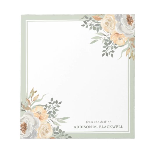Florals und Sage Green Border vom Schreibtisch aus Notizblock (Vorderseite)