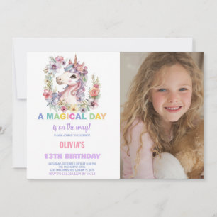 Florals Unicorn Geburtstagseinladungen mit Foto Einladung