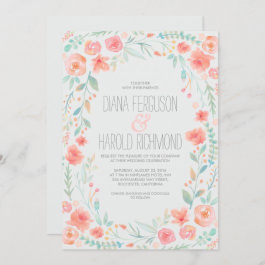 Florals Wasserfarbe Elegante und einfache Hochzeit Einladung (Vorne/Hinten)