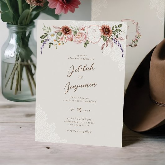 Florals Western Monogram Wappen Hochzeit Einladung