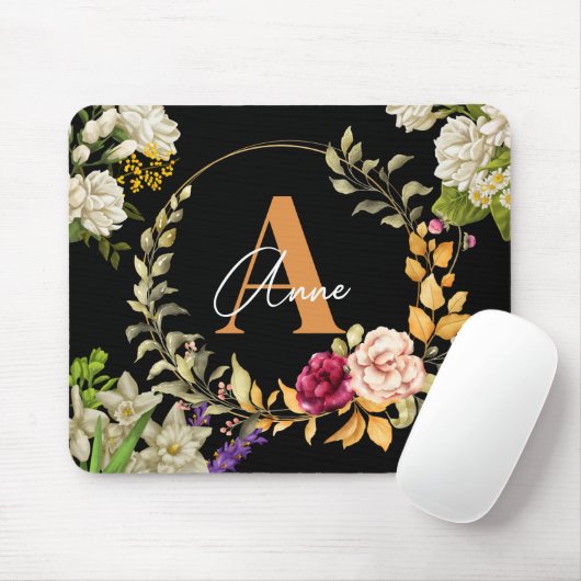 Florals Wreath Design in schwarzem Hintergrund Cus Mousepad (Mit Mouse)