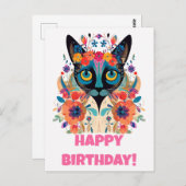 FloralSiamese Cat Postcard: Happy Birthday Edition Postkarte (Vorne/Hinten)