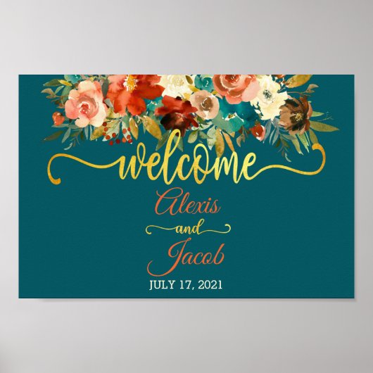 FloralWedding Willkommenszeichen - Aquamarin & ora Poster (Vorne)