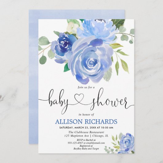 Florblau grüne elegante Babydusche Einladung (Vorne/Hinten)