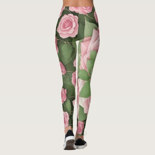 Floreado de Hojas Verdes y Flores Rosas Leggings (Rückseite)