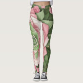 Floreado de Hojas Verdes y Flores Rosas Leggings (Vorderseite)