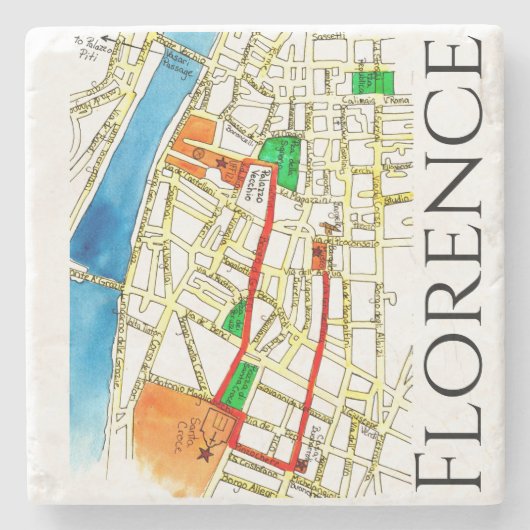 Florence Italy Street Map Wasserfarbe und Tinte Steinuntersetzer (Vorderseite)