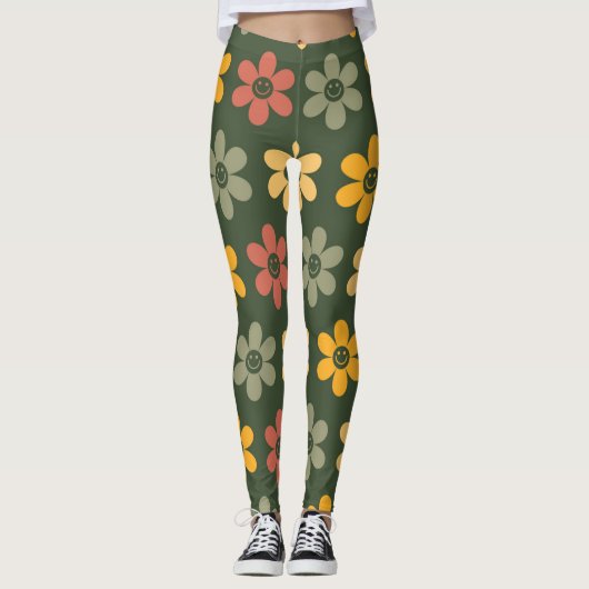 Florenmuster im Retro-Muster auf grünem Hintergrun Leggings (Vorderseite)