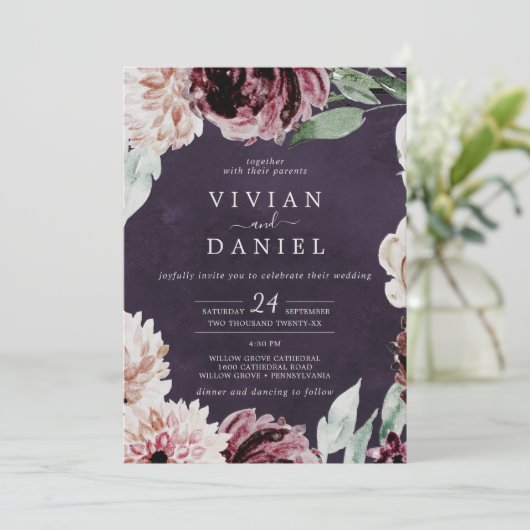 Florenromantik | Pflaumenhochzeit Einladung (Stehend Vorderseite)