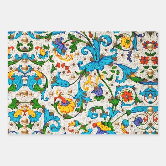 FLORENTINE RENAISSANCE BLAUE WIRBEL, BLUME GESCHENKPAPIER SET (Vorderseite)