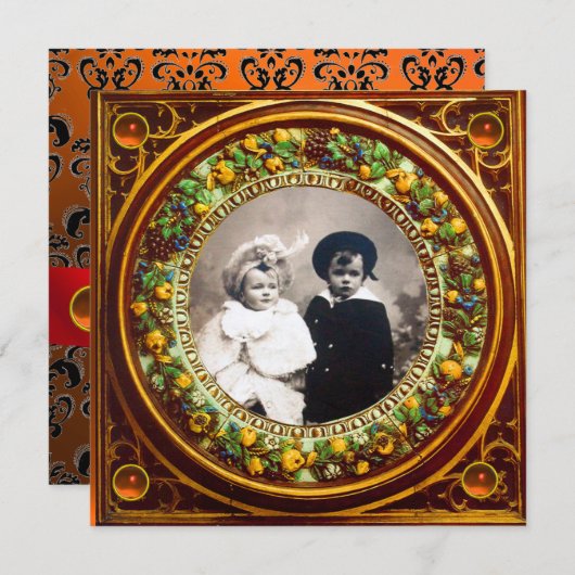 FLORENTINE RENAISSANCE OBST SCHWARZE ORANGE DAMASK EINLADUNG (Vorne/Hinten)