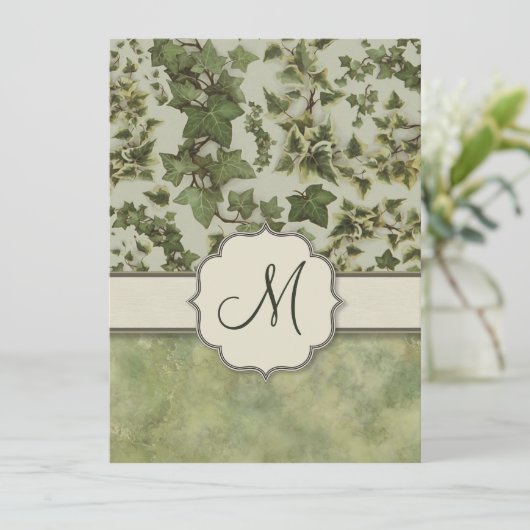 Florentine Watercolor Ivy mit Monogram Einladung (Stehend Vorderseite)
