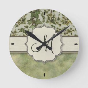 Florentine Watercolor Ivy with Monogram Runde Wanduhr