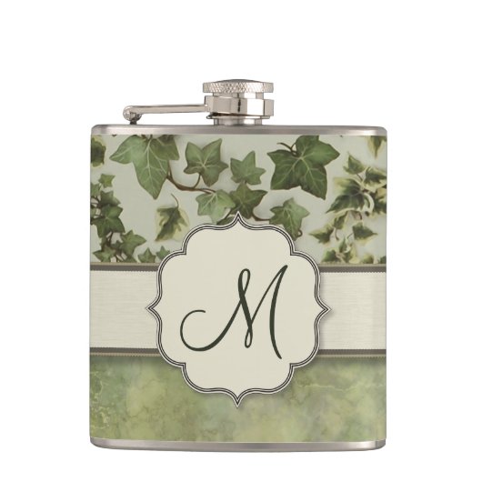 Florentinischer Aquarell-Efeu mit Monogramm Flachmann (Vorderseite)