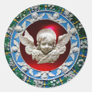 FLORENTINISCHER RENAISSANCE-ENGEL BLUMENKRONE BLAU RUNDER AUFKLEBER