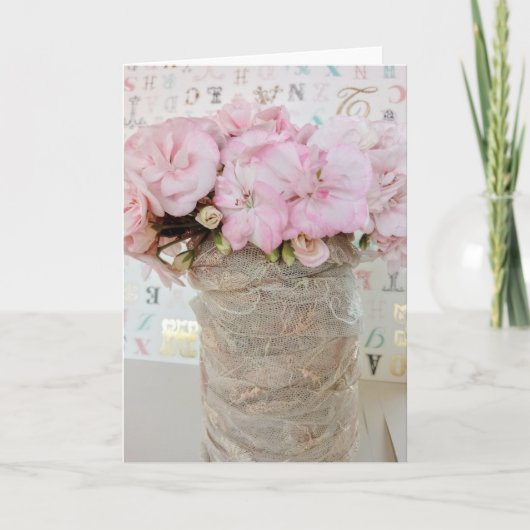 Flores geranio rosa en bote de cristal con encaje karte (Vorderseite)