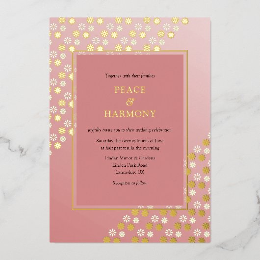 Florescent Dream Gold Blumenrosa Hochzeit Folieneinladung (Vorderseite)