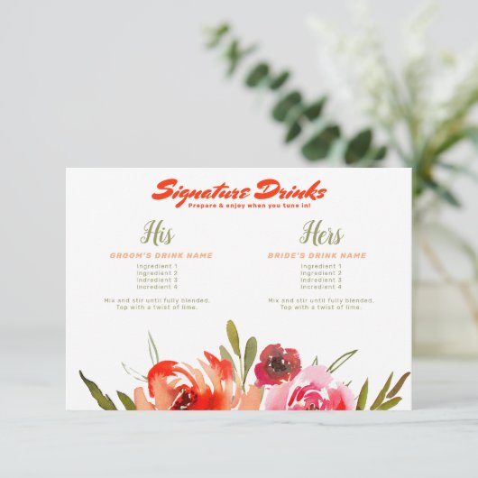 Florfarbensignatur Drinks Virtual Wedding Begleitkarte (Stehend Vorderseite)
