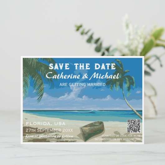 Florida Beach Hochzeitplakat QR-Code Save The Date (Stehend Vorderseite)