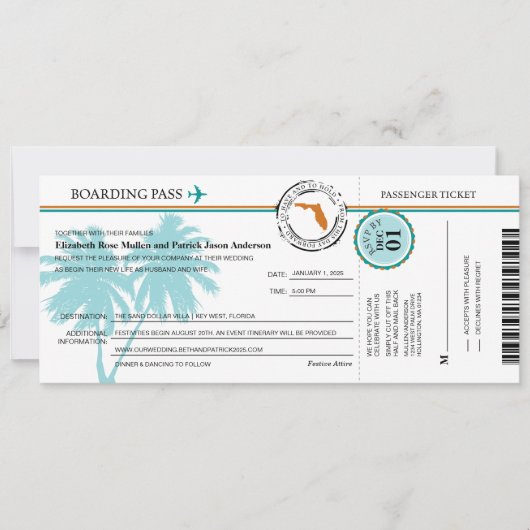 Florida Boarding Pass Einladung Hochzeit (Vorderseite)