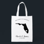 Florida-Hochzeits-Willkommens-Tasche für Wiederverwendbare Einkaufstasche<br><div class="desc">Gäste sind Liebe gewillt,  die,  diese wiederverwendbare Tasche mit Lieblingsguten sachen als sie Karo in das Hotel füllte.</div>